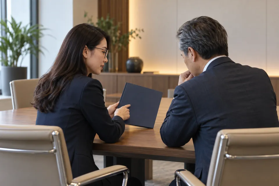 Vietnamese corporate filings consultant and foreign director reviewing corporate documents turned away from camera