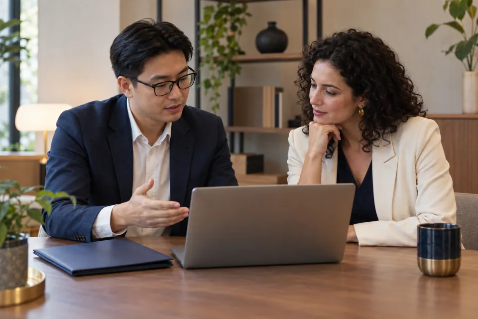 Vietnamese accountant and foreign business owner reviewing blurred invoices at a laptop