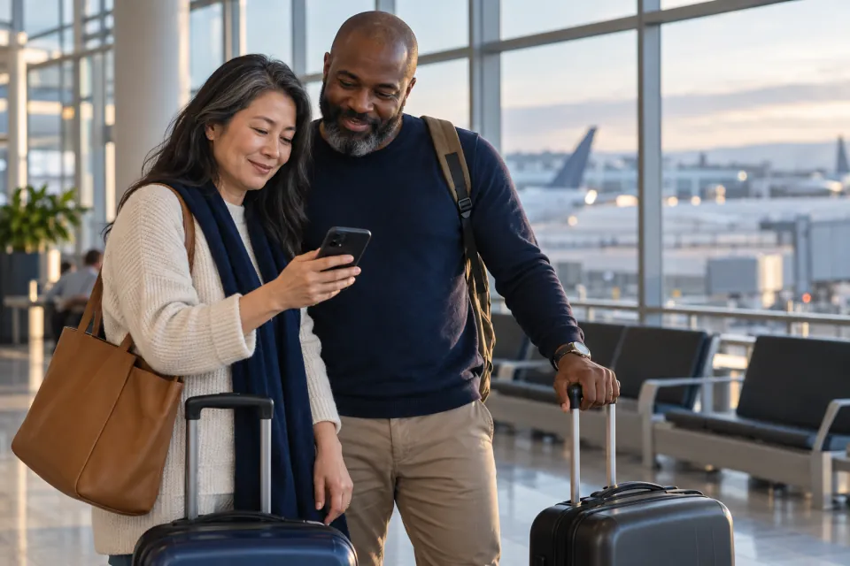 Canadian travelers checking a phone beside luggage at a contemporary airport check-in area without signage
