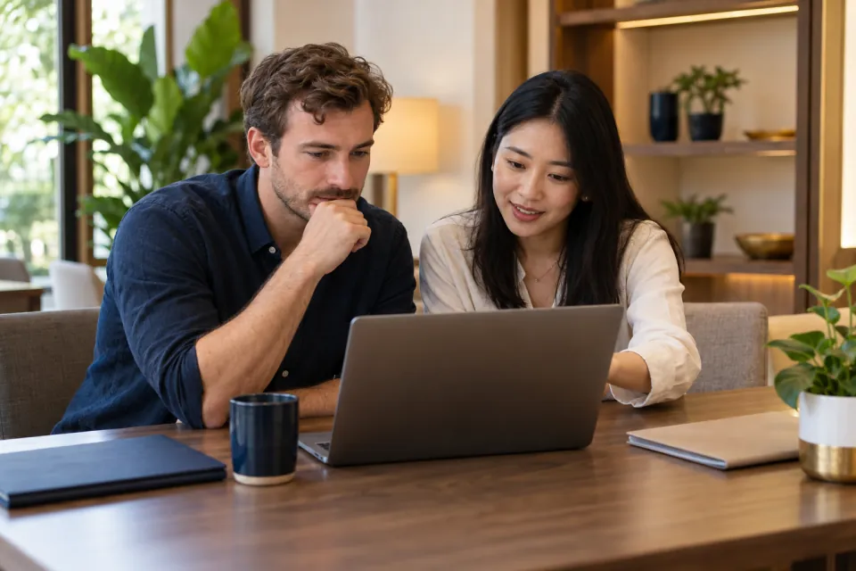 Traveler and Vietnamese adviser carefully checking an online form on a laptop with the screen blurred