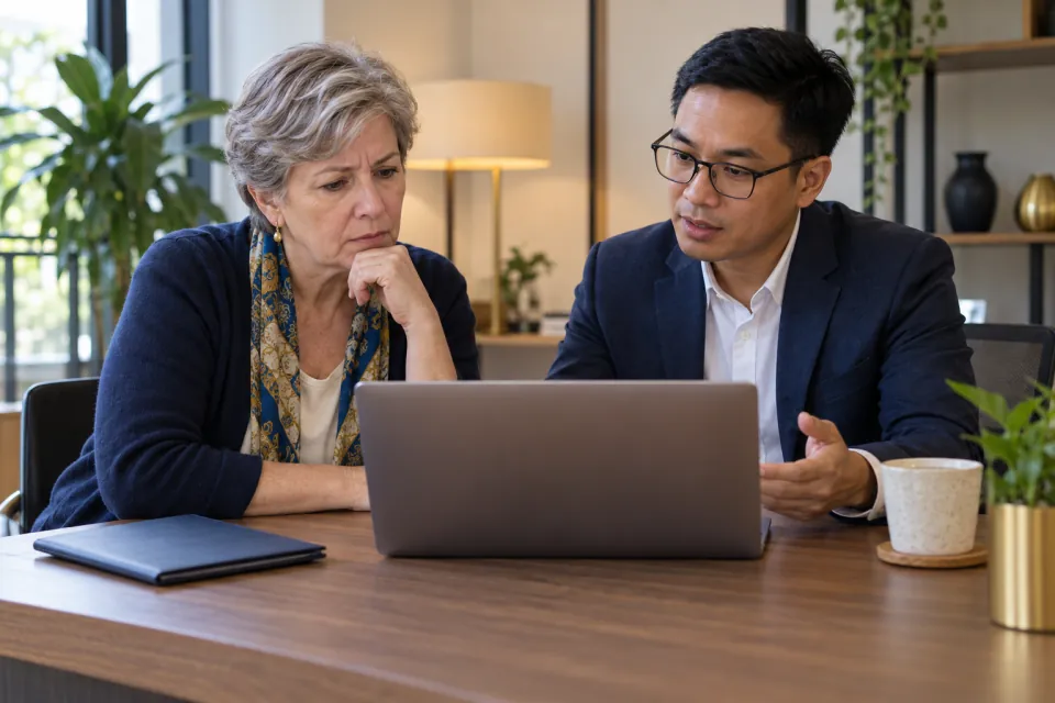 Concerned traveler and Vietnamese adviser discussing a new online application at an office desk