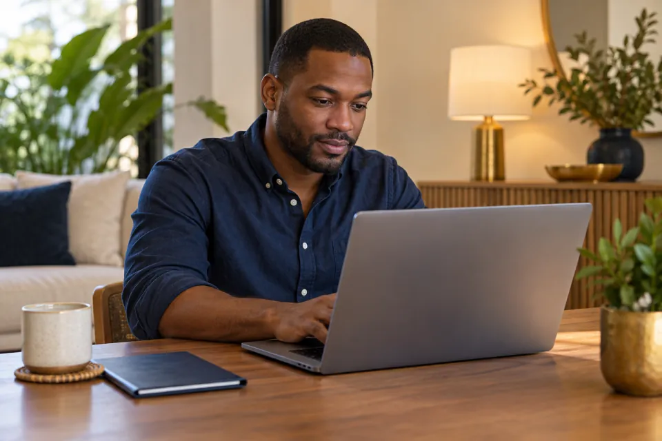 American traveler carefully entering personal details on a laptop with screen out of focus
