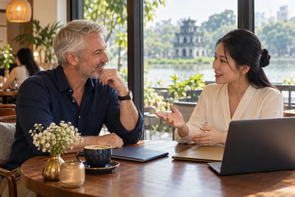 Canadian traveler discussing Vietnam travel requirements with a Vietnamese adviser