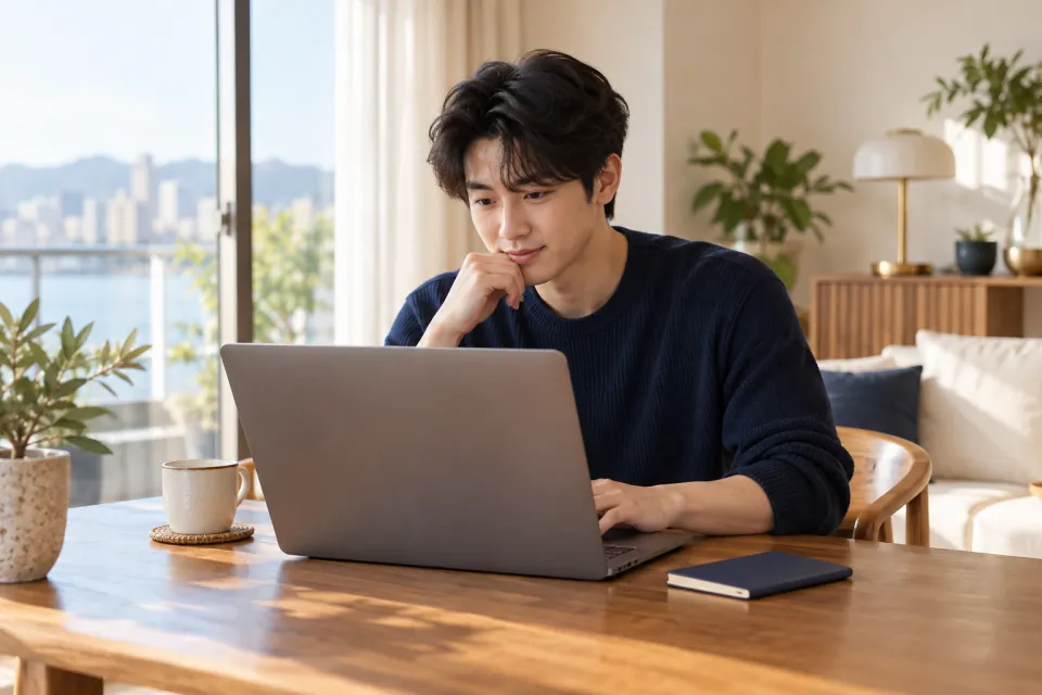 여행자가 집에서 노트북으로 여행 자격을 확인